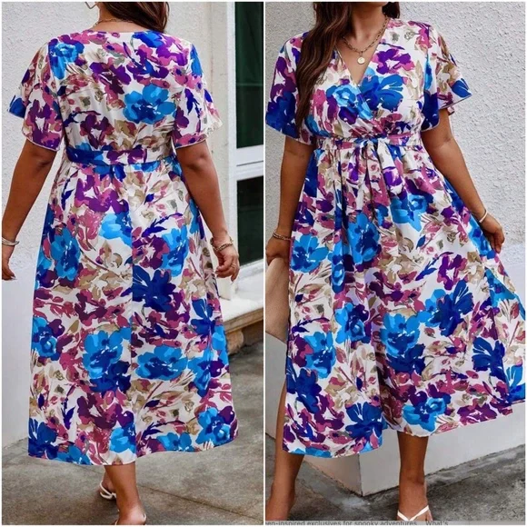 Plus Floral Print Butterfly Sleeve Dress - Picture 6 of 8